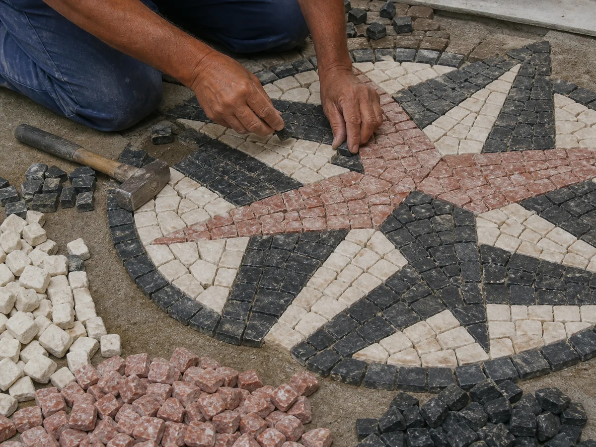Trabalho artesanal de assentamento de mosaico em pedras portuguesas