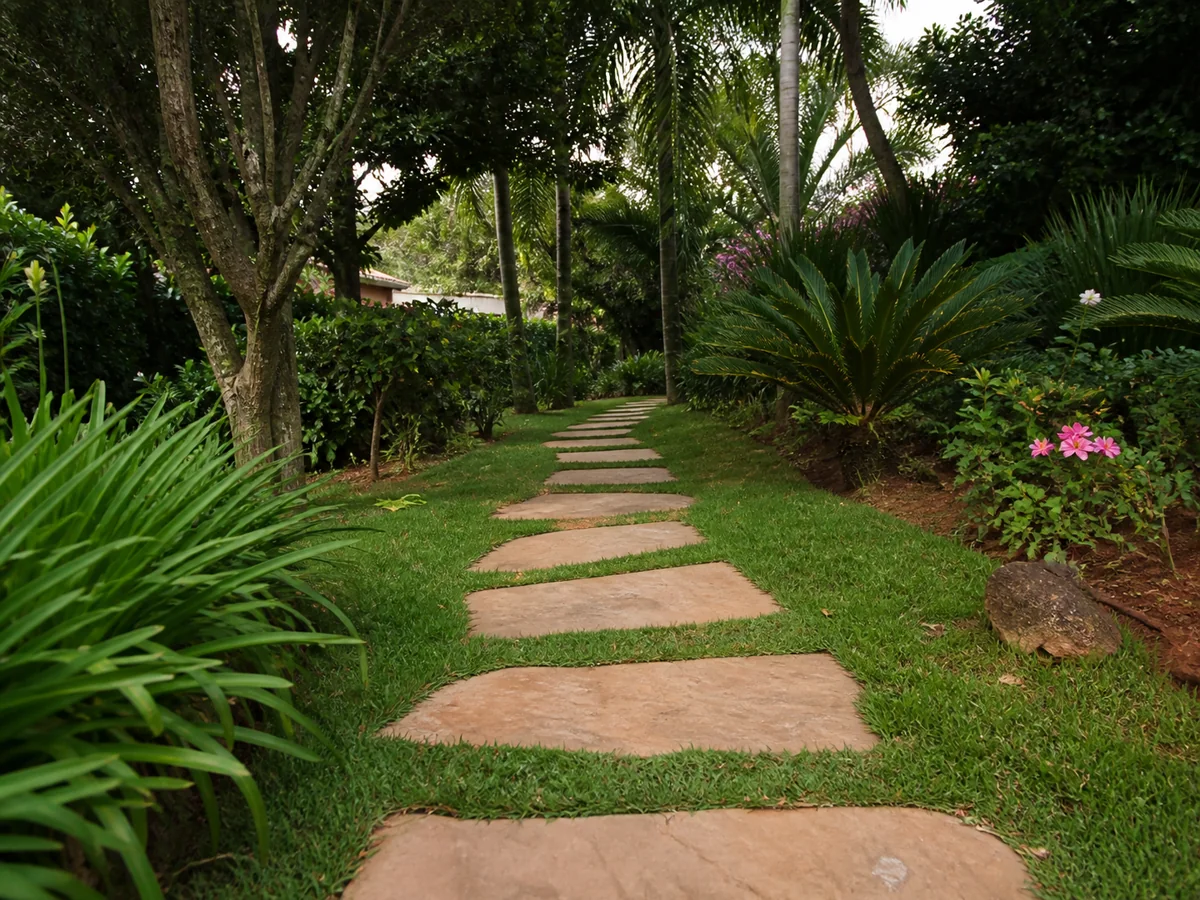 Jardins e caminhos com aplicação de pedras decorativas