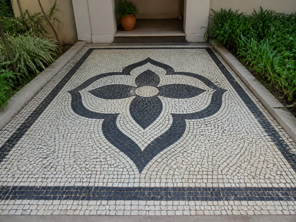 Mosaico floral preto e branco executado com pedra portuguesa